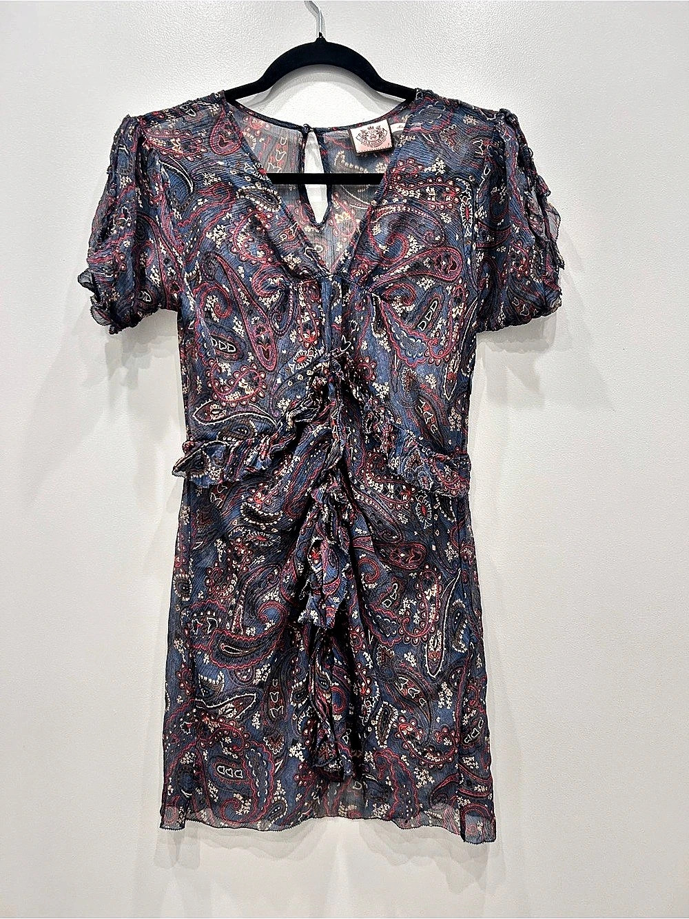 Juicy Couture Y2K Sheer 100% Silk Paisley Ruffle Mini Dress Size XS/2